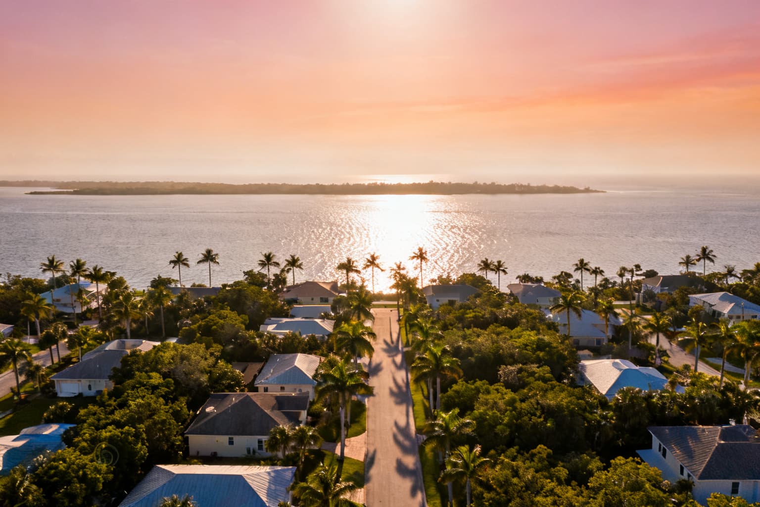Aerial view of a palm-lined coastal Brevard County neighborhood