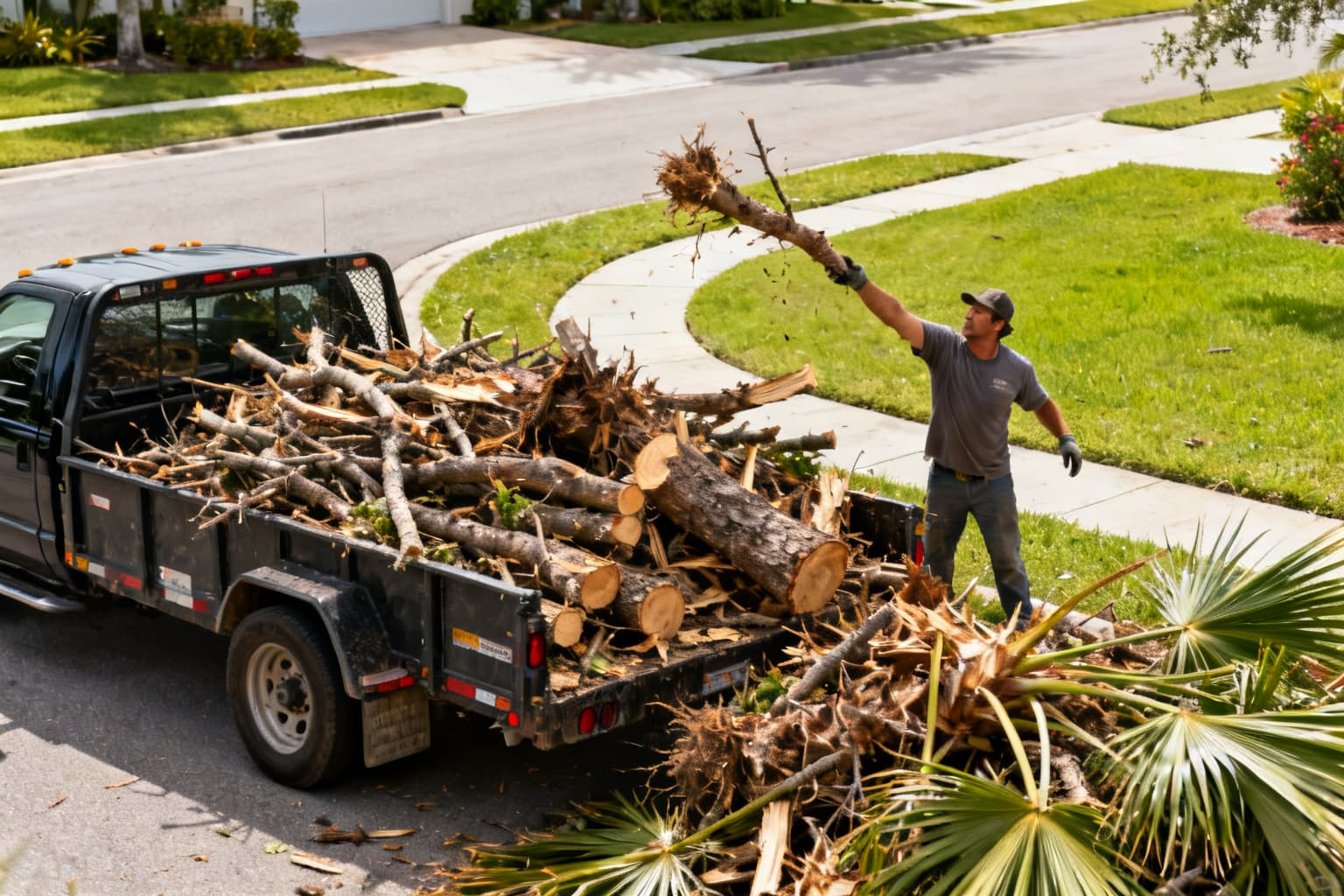 Cut logs loaded for haul-away at the curb