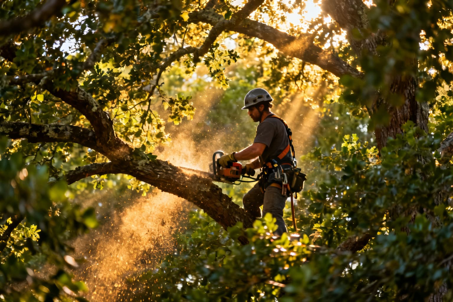 Arborist trimming limbs inside a dense oak canopy
