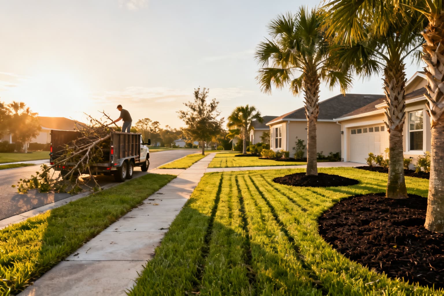 Freshly cleaned Florida yard with new mulch beds